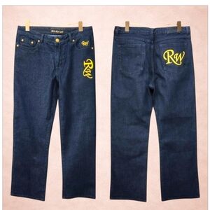 Rockwell Raw Denim Jeans Gold Embroidered Logo Y2K Skate Streetwear